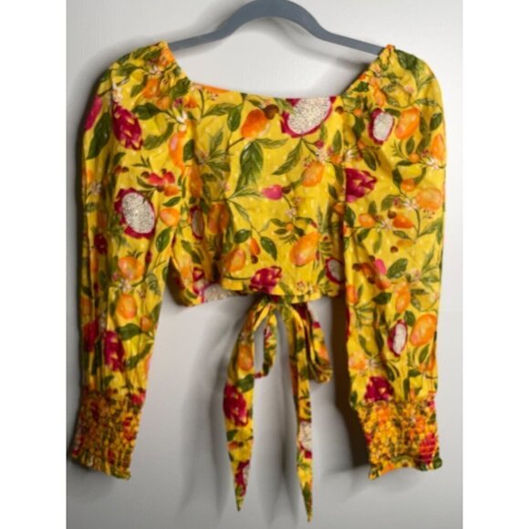 NWT Farm Rio Anthropologie Deep-V Tie-Waist Yellow Crop Top Size S Colorful - Picture 7 of 9